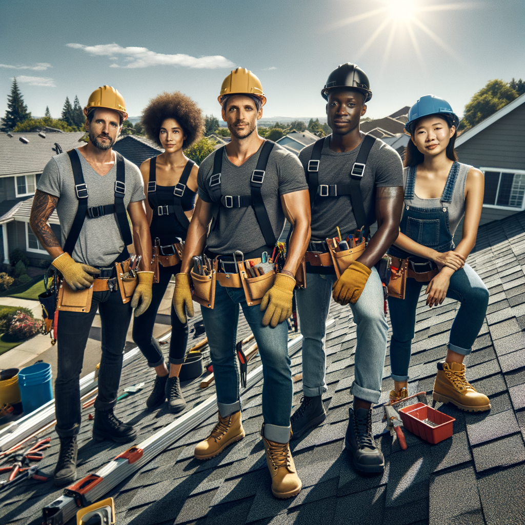 Professional roofing contractor team installing new asphalt shingles on a residential home roof with safety equipment and clear blue sky