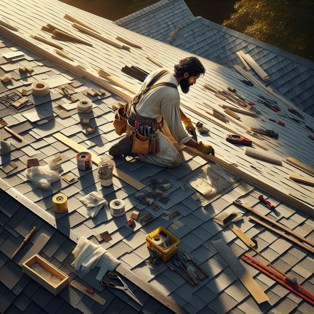 Skilled roofer performing roof repair replacing damaged shingles on a New England colonial home